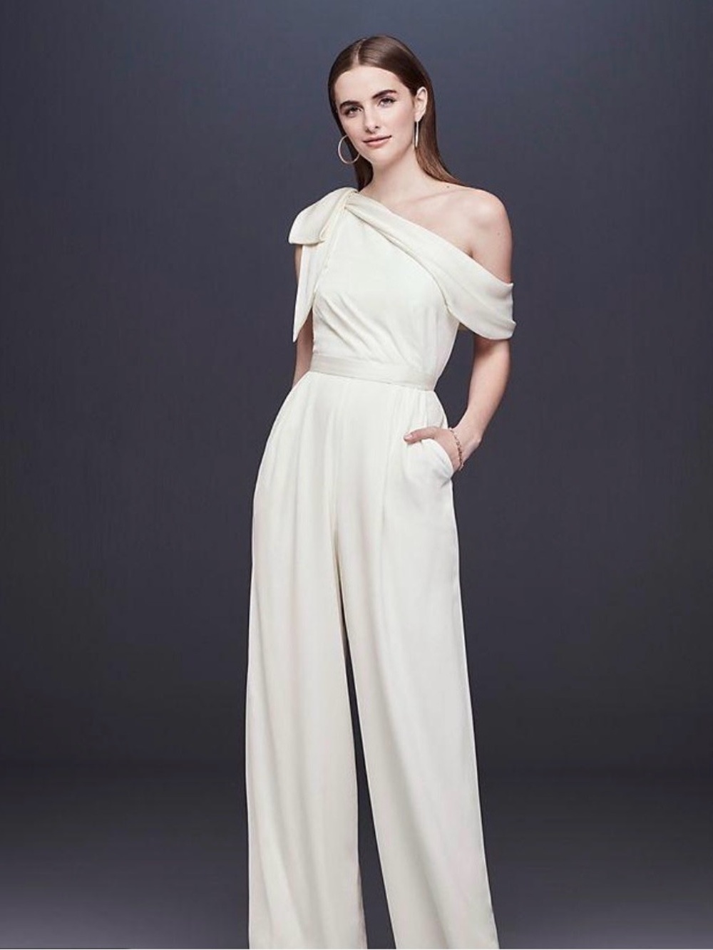 DB Studio Ivory One Shoulder Crepe Wedding Jumpsuit |12